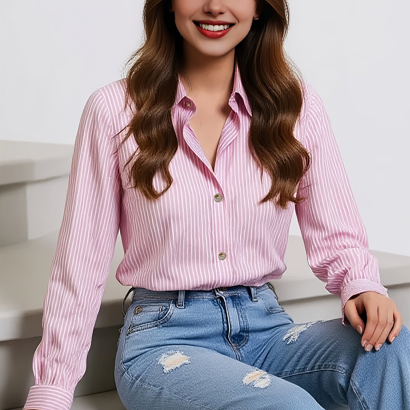 Elegant Blue Striped Lapel Shirt for Women – Versatile Button-Down, 100% Polyester