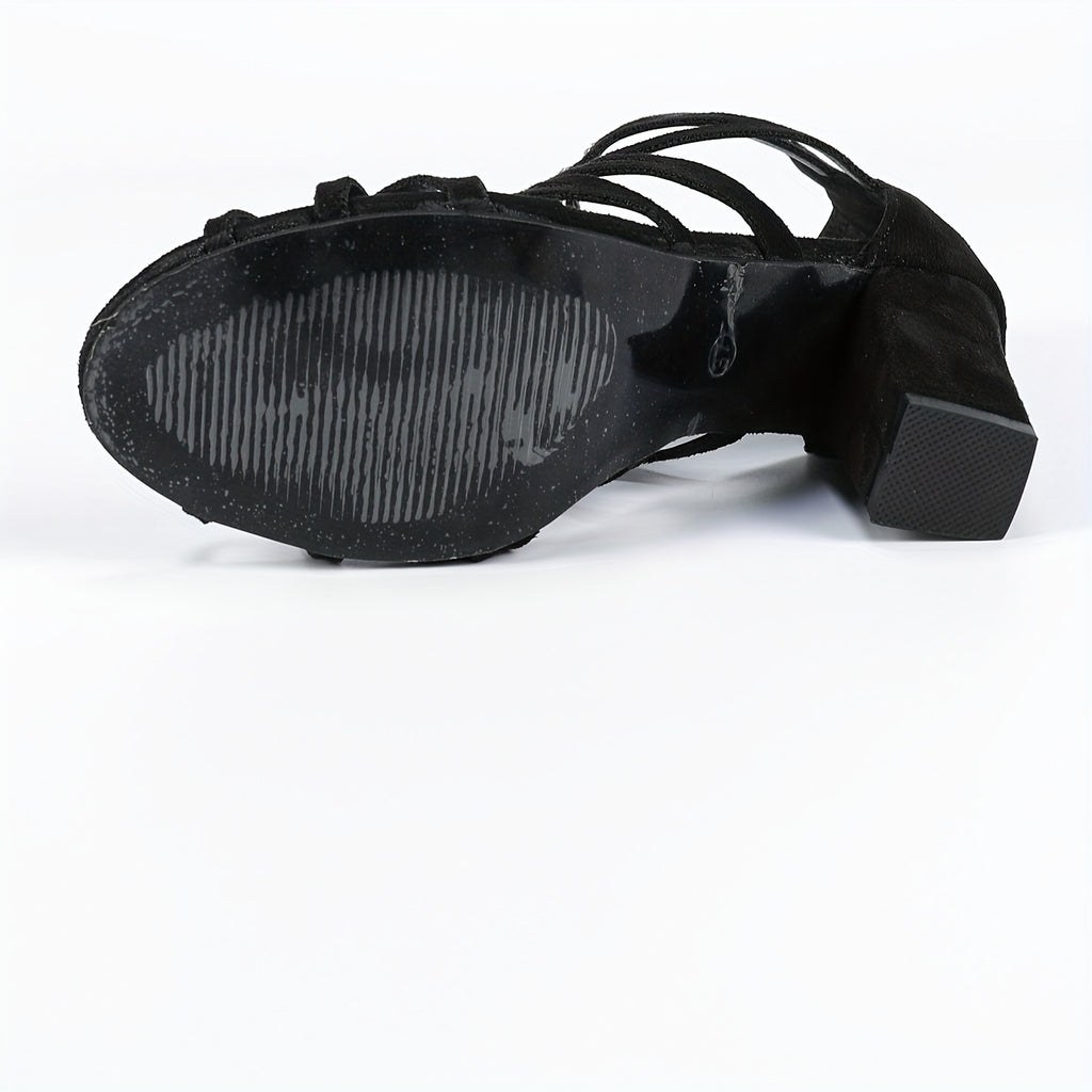 Women's Black Diamond Back Zip High Heel Strap Sandals – Round Toe Block Heel, Microfiber Upper & Insole, Rubber Sole