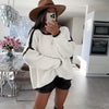Plus Size Women's French-Style Patchwork Crewneck Sweater – Striped Color-Block Trim Loose-Fit All-Season Pullover for Layering