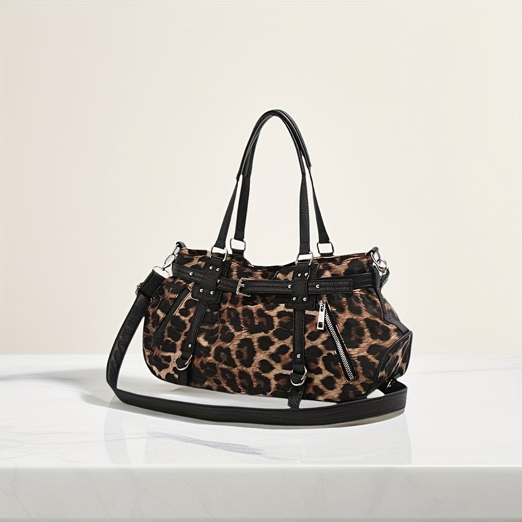 Retro Grunge Shoulder Bag for Women - Detachable Strap, Zipper Nylon Baguette Purse in Bright Pink/Black with Oil-Tanned Trim & Metallic Hardware