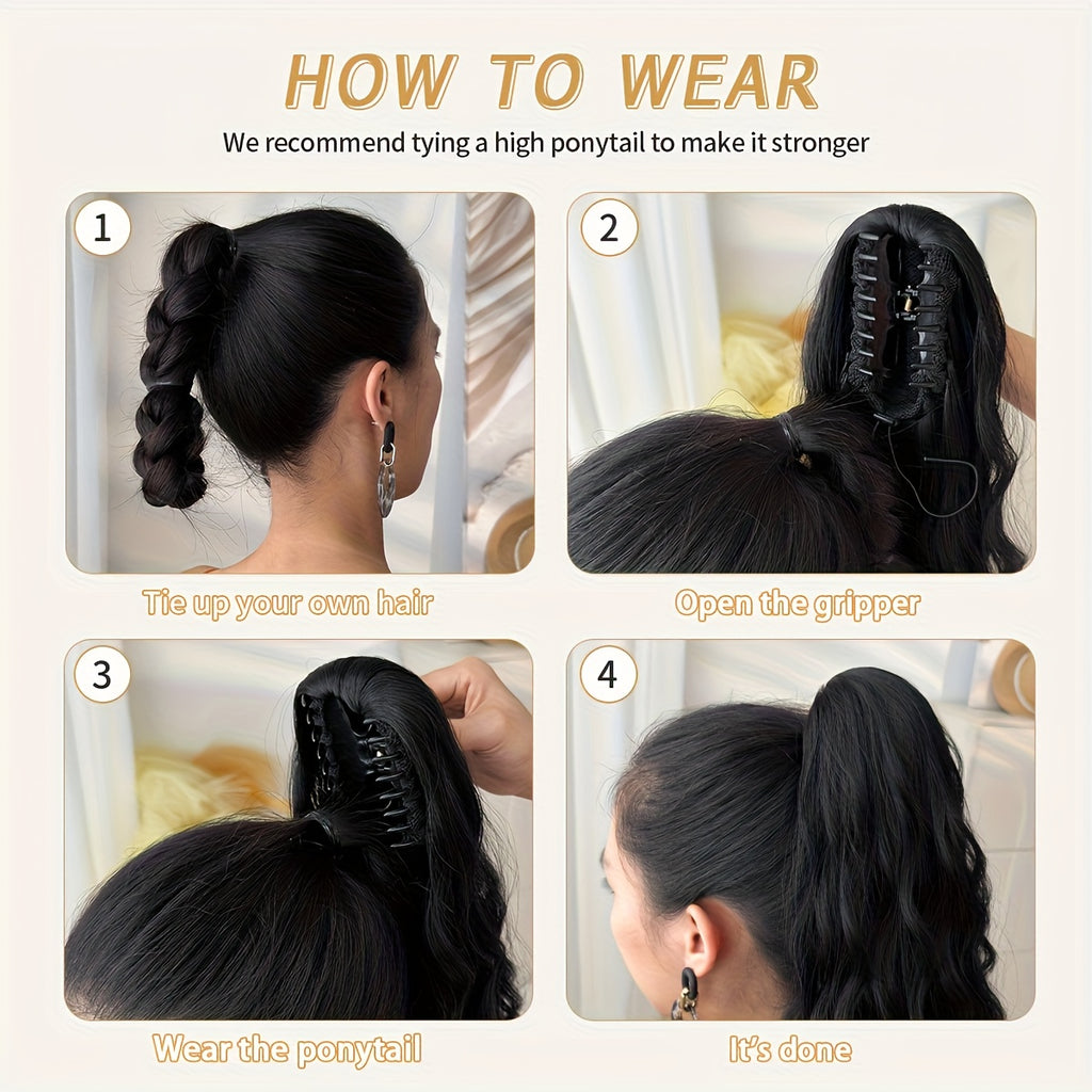 32 in (81 cm) Deep Wave Claw Ponytail Extension - Heat-Resistant Synthetic Clip-In, Burgundy/Brown/Black/Red Gradient