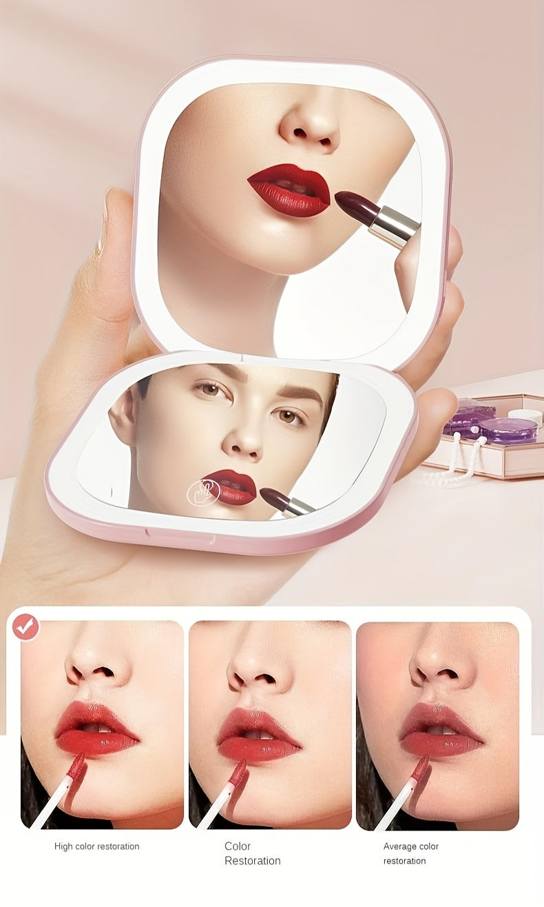Foldable LED Travel Makeup Mirror - Double-Sided 1X/2X/3X Magnification, Adjustable Brightness, Rechargeable USB Pocket Mirror