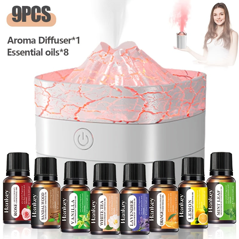 Volcano Dazzle Aroma Diffuser Humidifier with 8-Pack Essential Oil Set — Sweet Orange, Lemon, Vanilla, Sandalwood, White Tea, Peppermint, Lavender, Rose — Home Fragrance & Candle Making