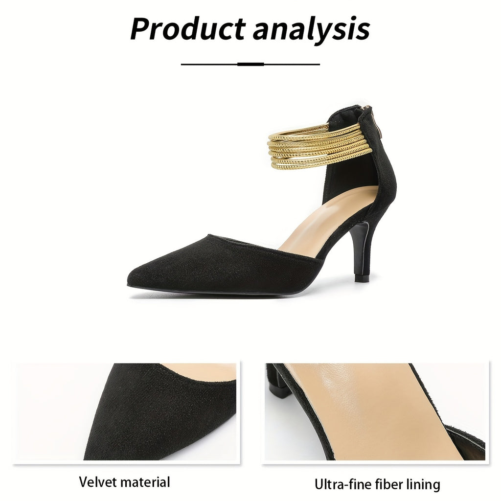 Elegant Women's Pointed Toe Stiletto Heels with Gold Belt Accent & Back Zipper