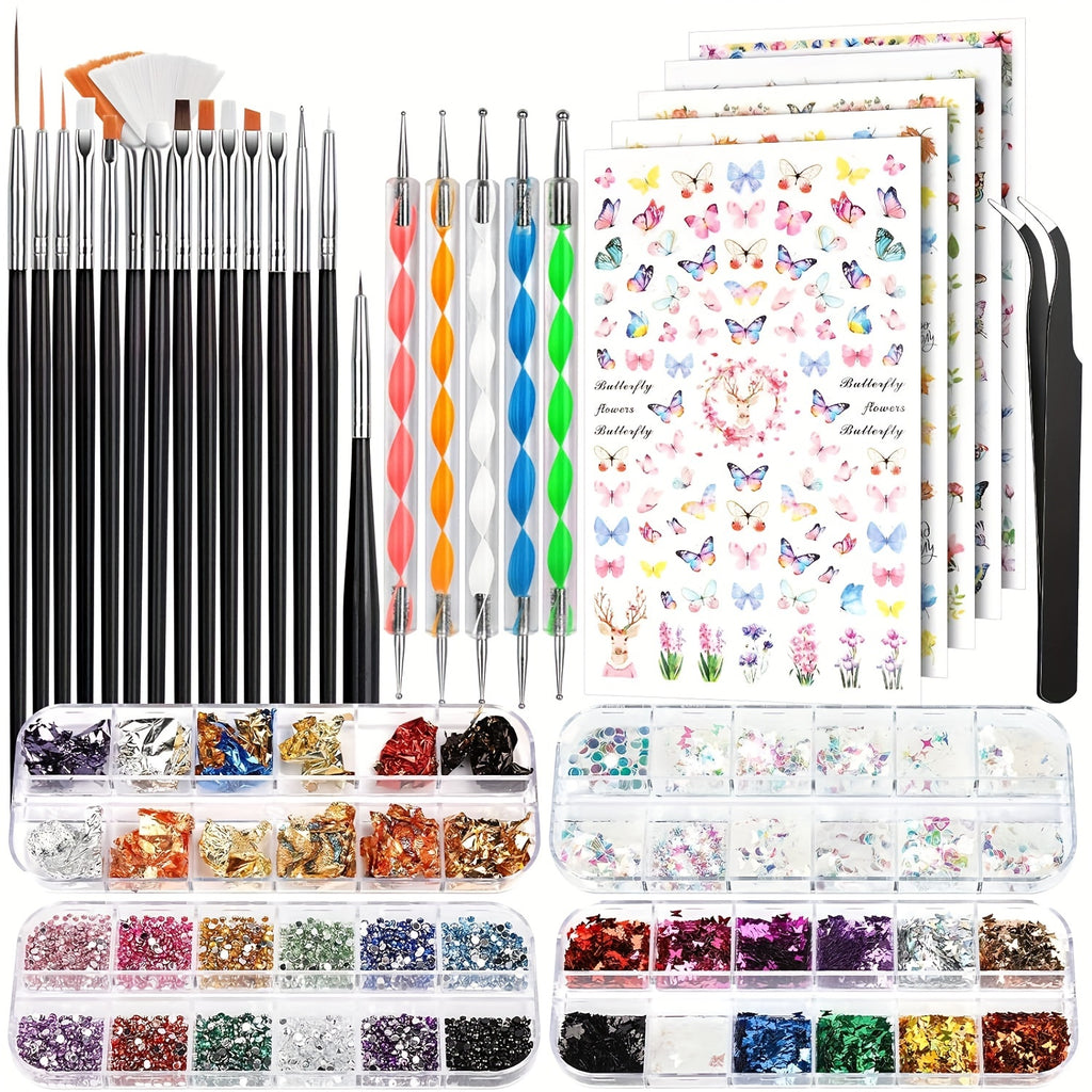 15-Piece Nail Art Brush Set with 5 Dotting Pens, Rhinestones, Sequins, Foils & Tweezers – Nail Design Kit