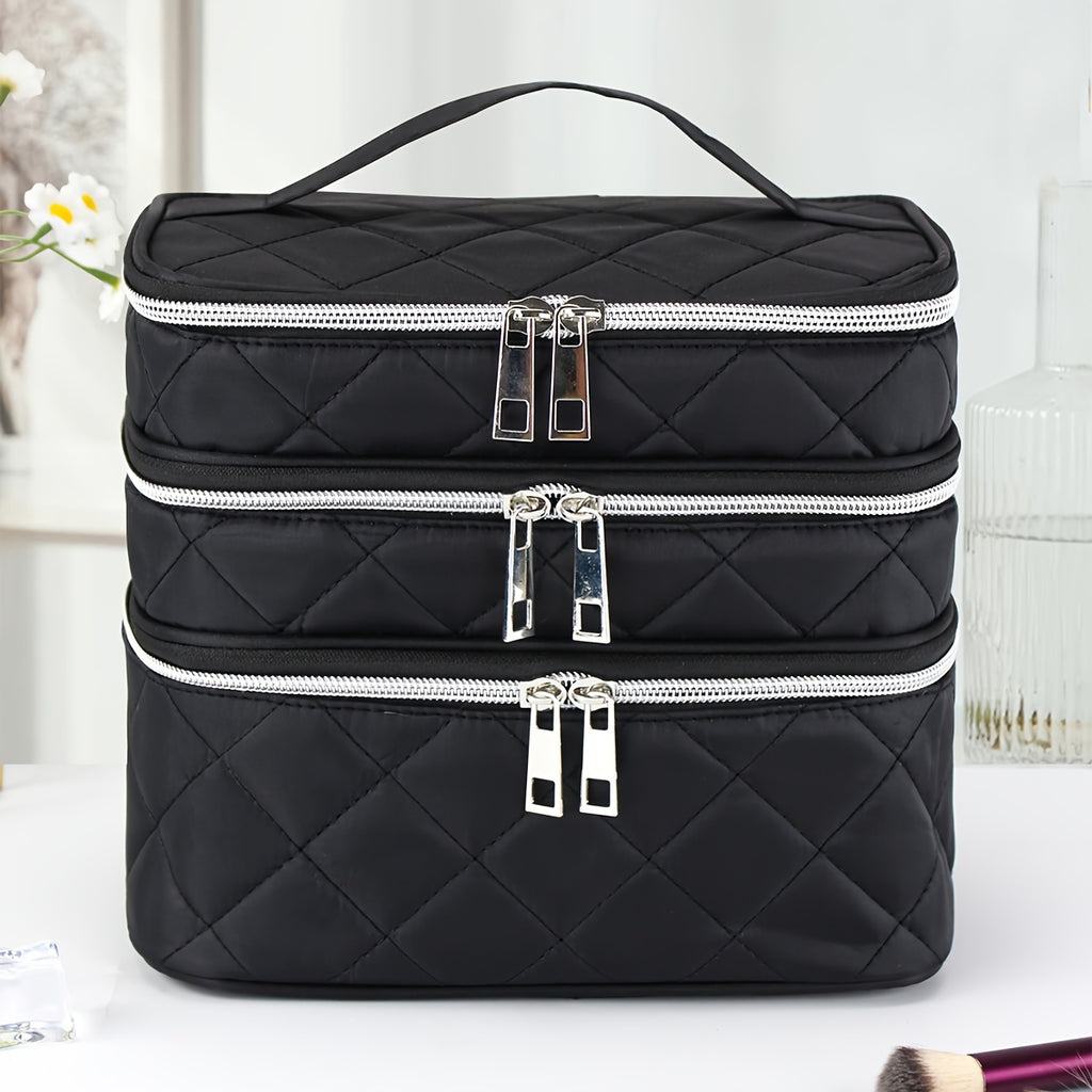 Large Capacity Black Rhombus Travel Organizer Bag – 3-Tier Double-Layer Makeup Case with Gold Zippers