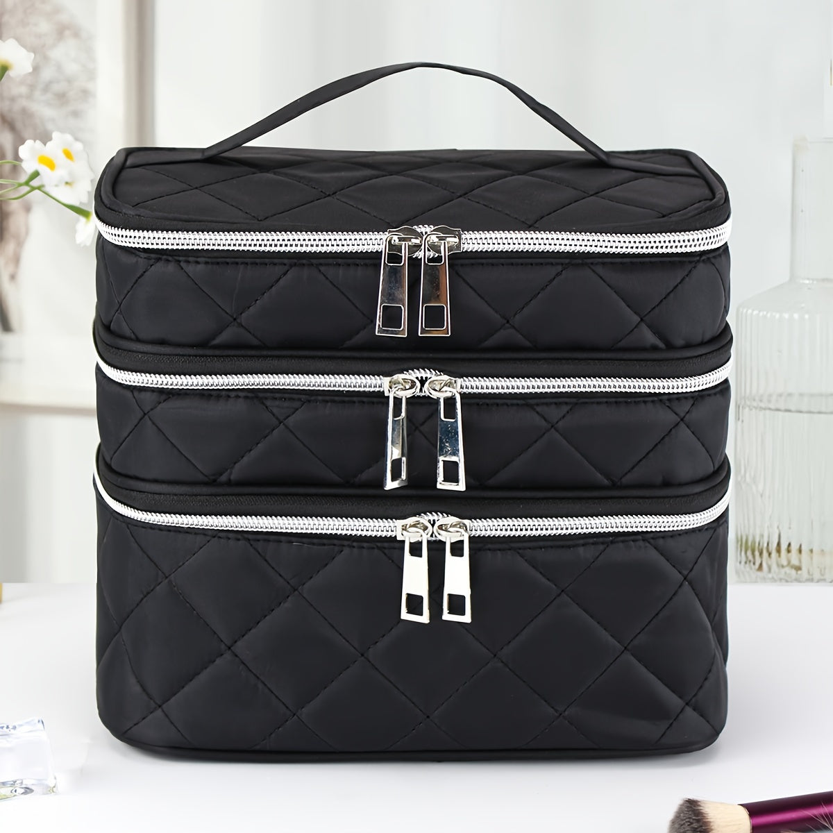 Large Capacity Black Rhombus Travel Organizer Bag – 3-Tier Double-Layer Makeup Case with Gold Zippers