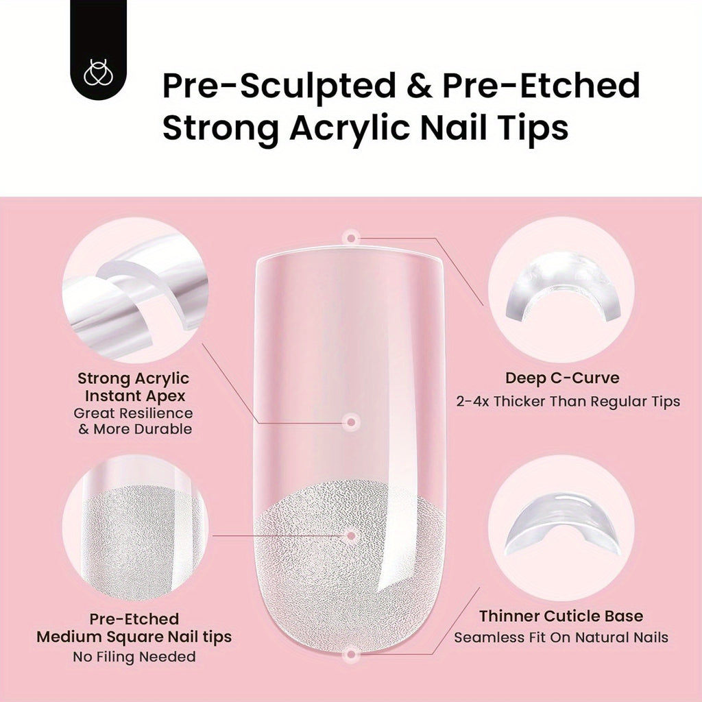 BEETLES 192-Pack Instant Apex Nail Tips Pre-Etched Half-Matte Square Acrylic Gel Extensions Full-Coverage Translucent False Nails for Salon & Home Manicure