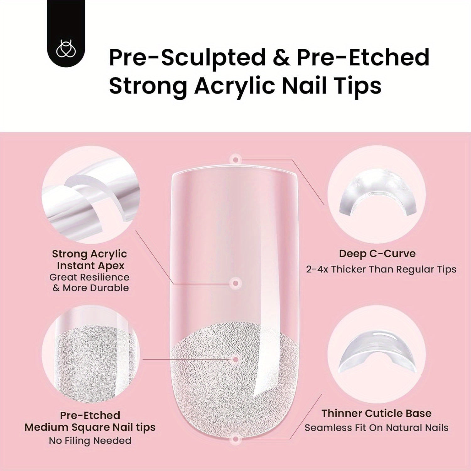 BEETLES 192-Pack Instant Apex Nail Tips Pre-Etched Half-Matte Square Acrylic Gel Extensions Full-Coverage Translucent False Nails for Salon & Home Manicure