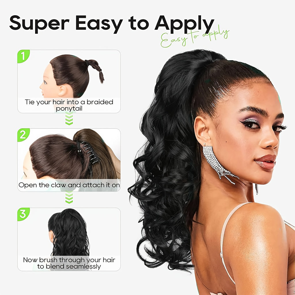 18-Inch (45 cm) Wavy Curly Claw Clip-In Ponytail Extension - Heat-Resistant Synthetic Hairpiece for Women, Clip-On Layered Ponytail for Daily & Party Wear