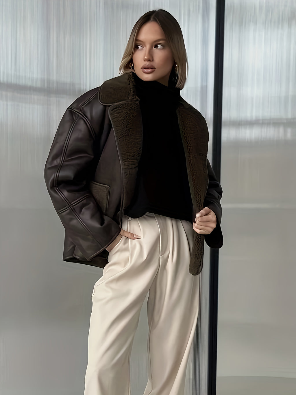 Women’s Cream Faux Fur-Lined PU Leather Jacket — Thick Winter Coat with Turtleneck, Asymmetrical Hem & Side Pockets