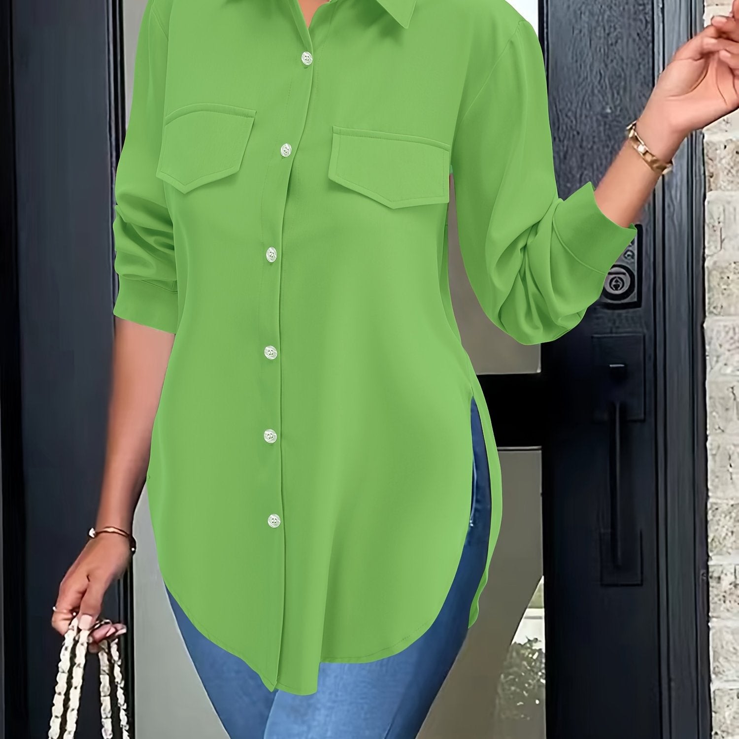 Women's Lapel Collar Button-Front Shirt — Solid Woven Blouse, Lightweight Semi-Sheer All-Season Casual Top