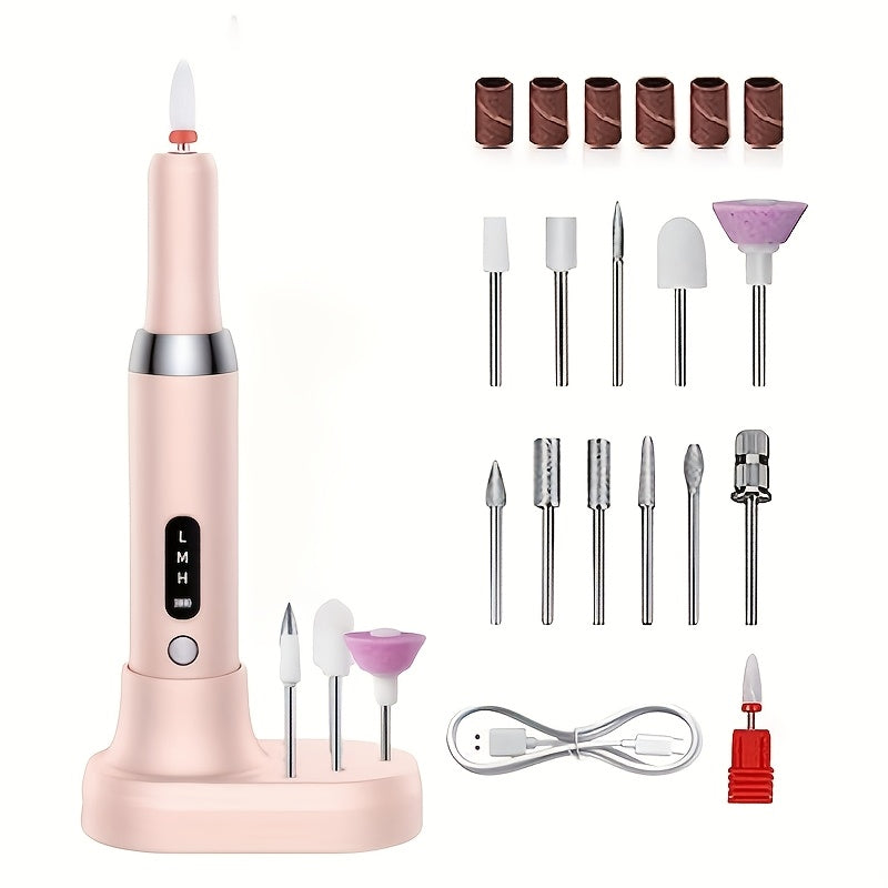 Professional Rechargeable Electric Nail Drill Kit - Portable Nail File & Polisher with 12 Bits, 6 Sanding Bands & Charging Station