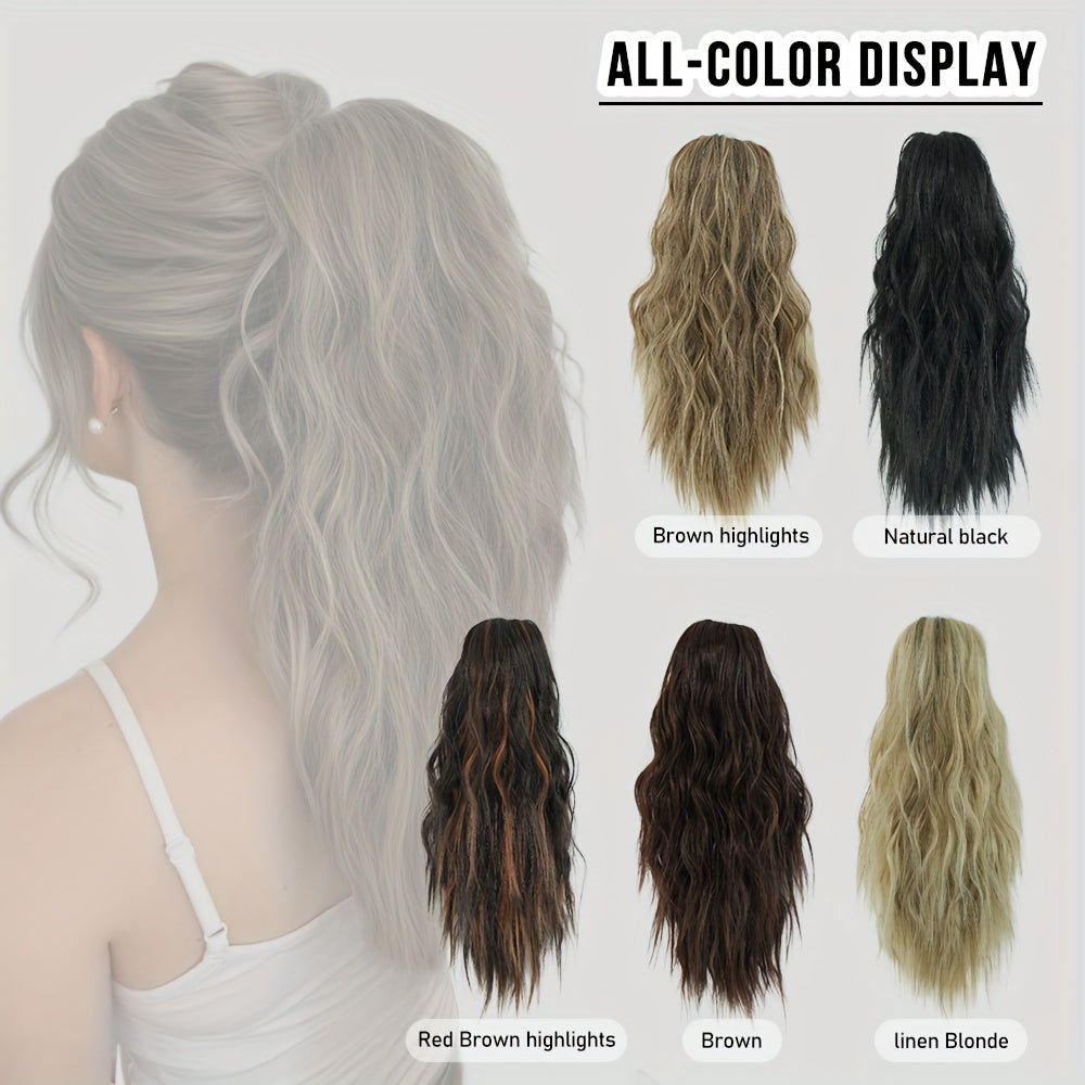 7JHH WIGS Water Wave Clip-In Ponytail Extensions – 18-inch (45 cm) Light Beige & Brown with Blonde Highlights, Natural Brown Roots, Heat-Resistant Synthetic for Volume & Length