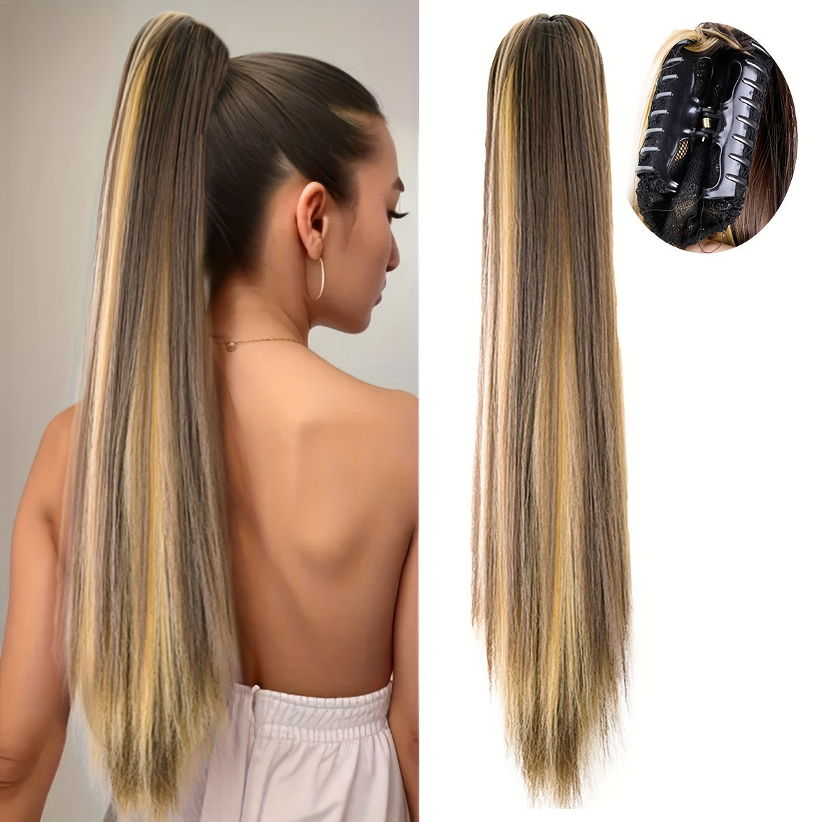 22-Inch (56 cm) Straight Synthetic Ponytail Extension with Claw Clip - Heat-Resistant Black & White Hairpiece for Women