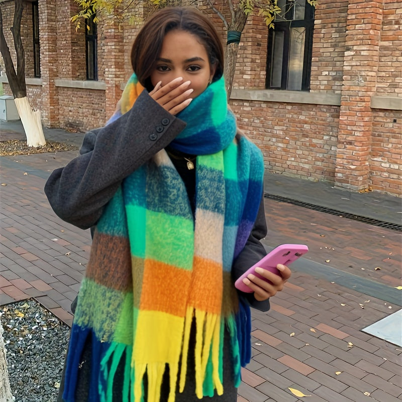 Women's Bohemian Plaid Tassel Scarf — Thick Faux Mohair Rainbow Shawl 240 cm (94.5 in)