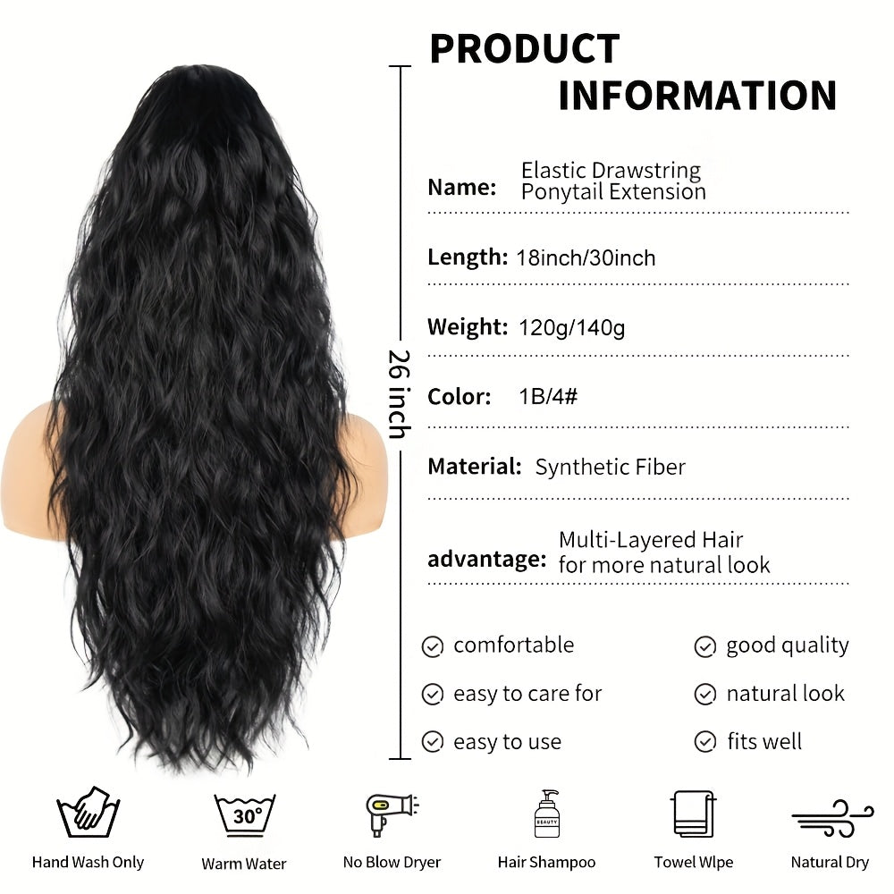Women's Water Wave Clip-In Ponytail Extension — Long Afro Curly Fluffy Drawstring & Clip-On Synthetic Hair for Volume & Length