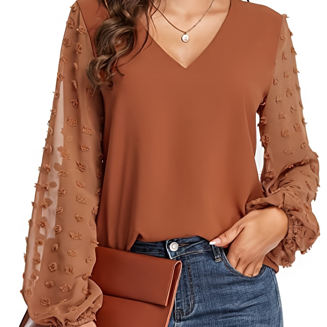 Women's Swiss Dot V-Neck Long Sleeve Top - Lightweight Solid Blouse for Spring & Fall