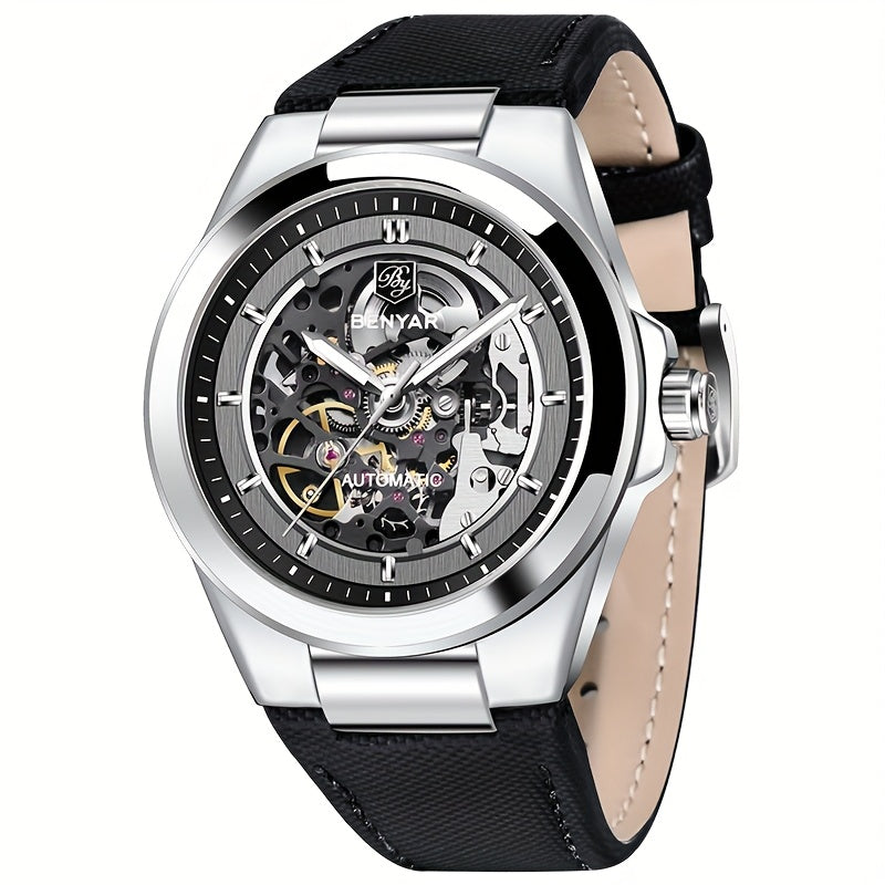 BY BENYAR Automatic Mechanical Unisex Watch – Luminous Round Dial, Blue & Gold Accents, PU Faux Leather Strap