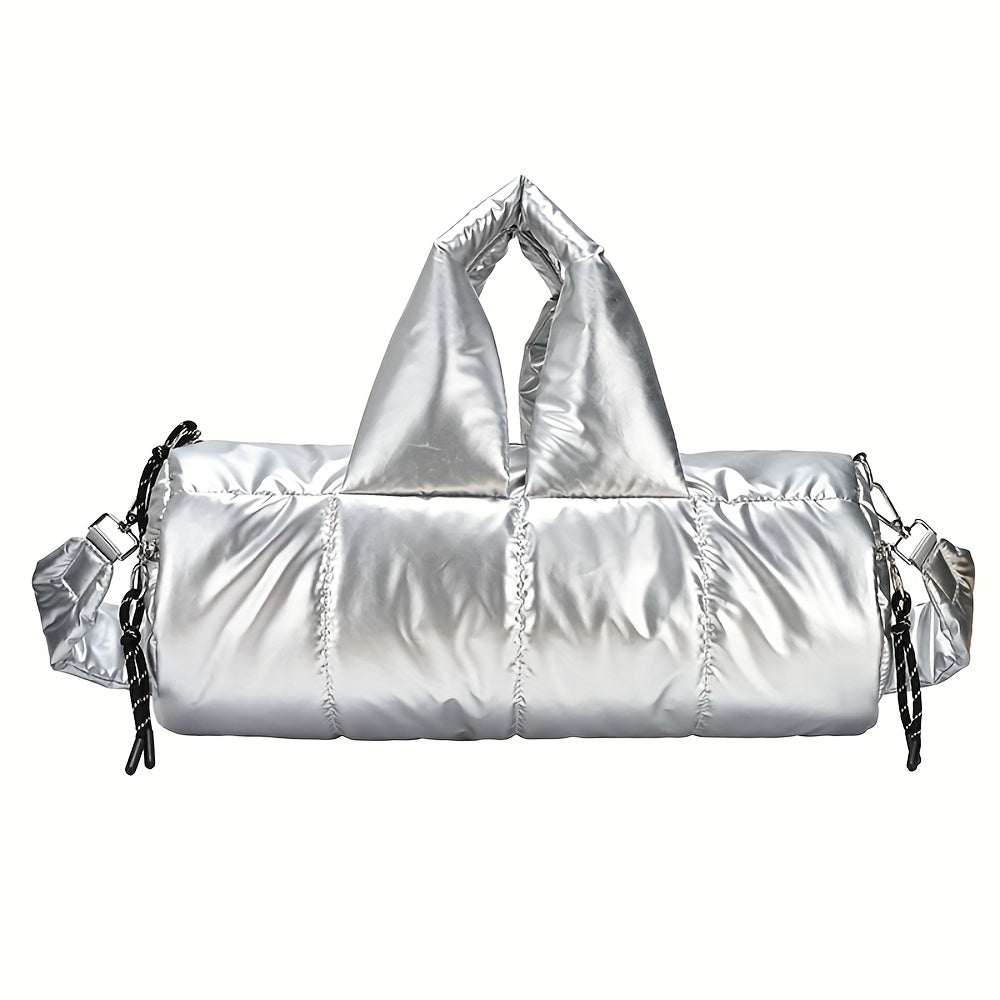 Quilted Puff Bucket Shoulder Bag Large Capacity PU Handbag with Detachable Strap Gold-Tone Hardware Zipper Closure Champagne Black Silver Blue