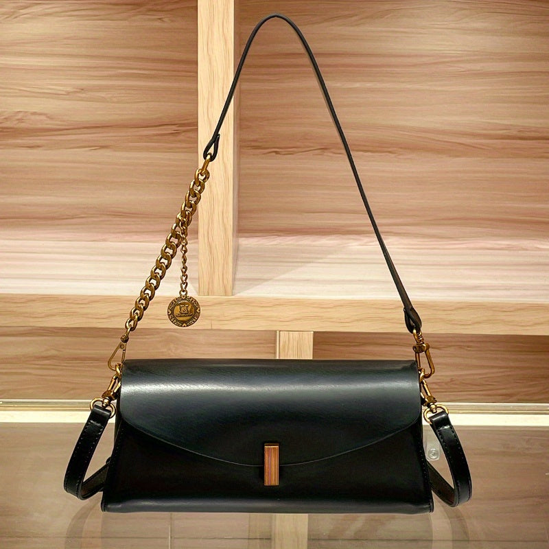 White French Baguette Crossbody Bag for Women — Gold-Tone Chain & Removable Shoulder Strap, Magnetic Closure, Split Leather