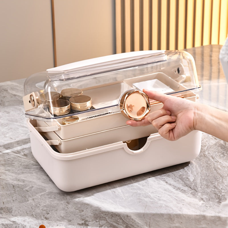 Large Capacity Makeup Organizer Box with Mirror - Multi-Layer Dust-Proof Cosmetic Case with Lock, Beige & White for Travel & Home Storage