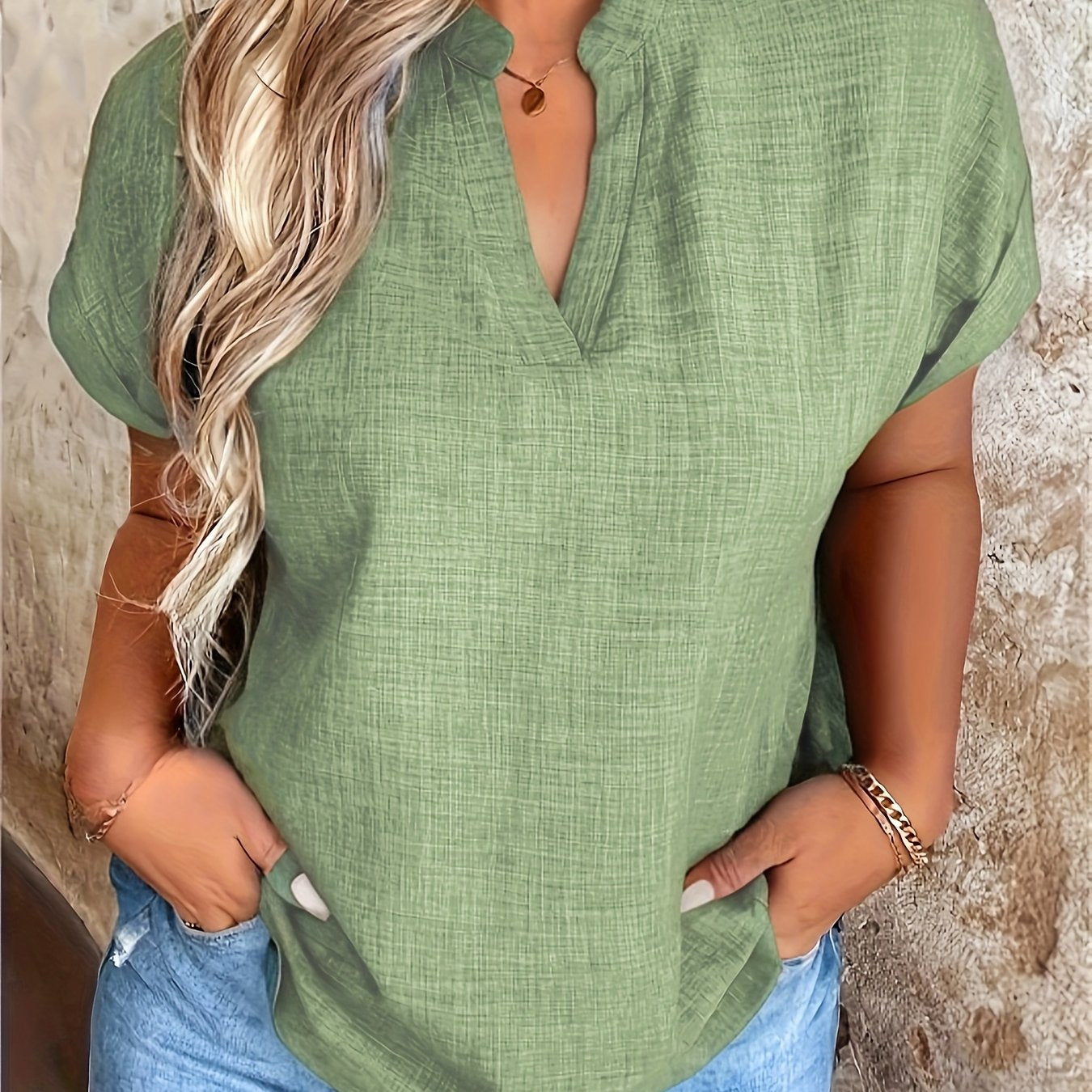 Women's V-Neck Blouse with Stand Collar – Lightweight Yellow Regular Fit Casual Top, 100% Polyester, Machine Washable