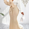 Two-Tone Batwing Sleeve Bodycon Long Dress – V-Neck Lace-Up Patchwork Polyester for Women, Fall