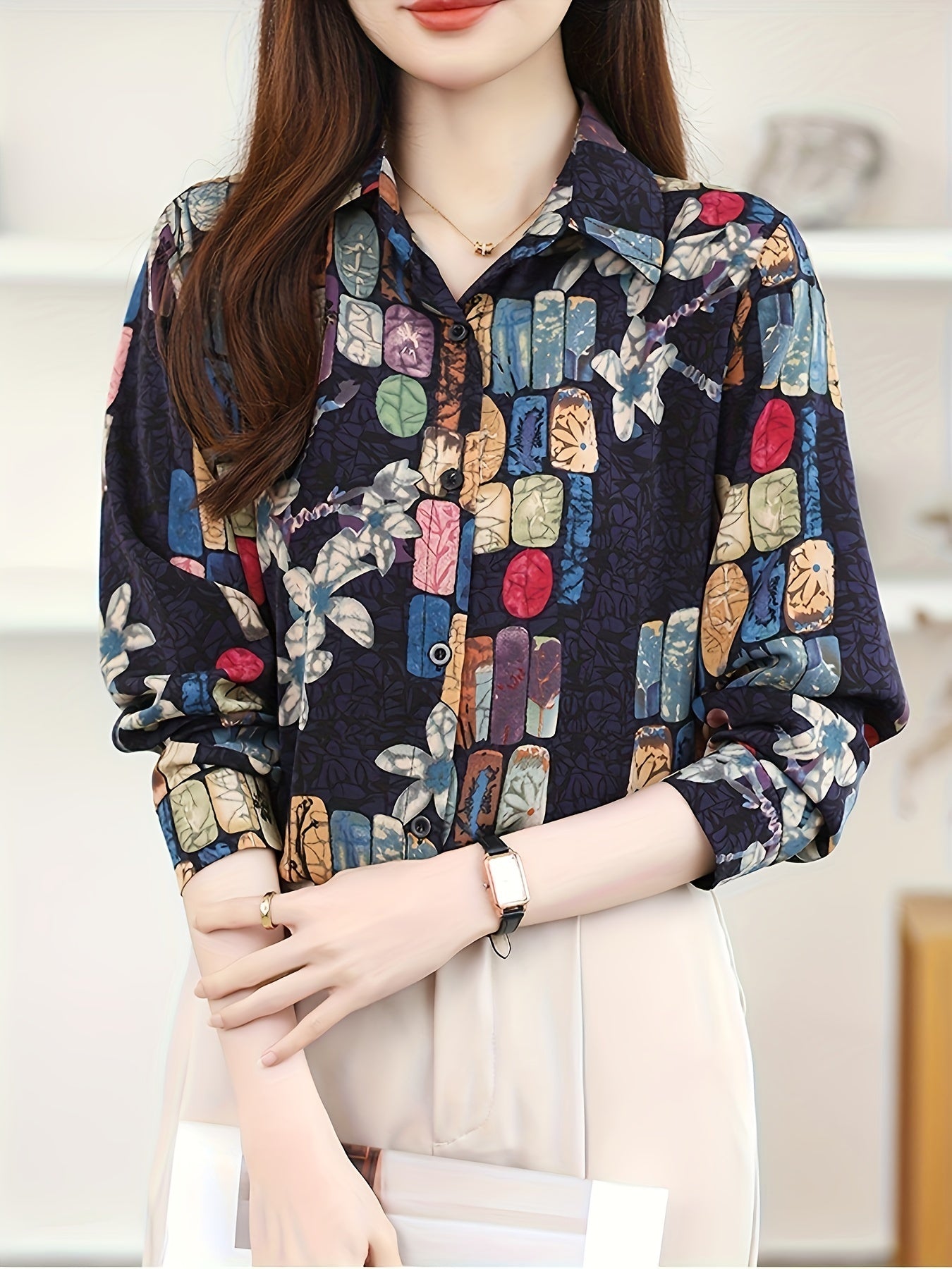 Floral Lapel Collar Shirt for Women — Flattering Slimming Long-Sleeve Button Blouse, Machine Washable for Spring & Fall