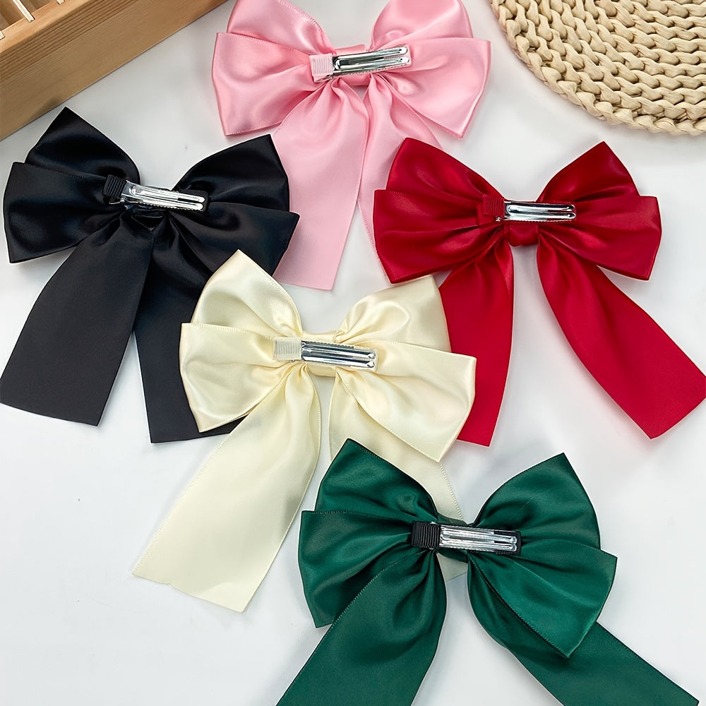 5-Pack Satin Fabric Bow Hair Clips for Women & Teens – Solid Color Crocodile Clip Set, Elegant Christmas Hair Bows