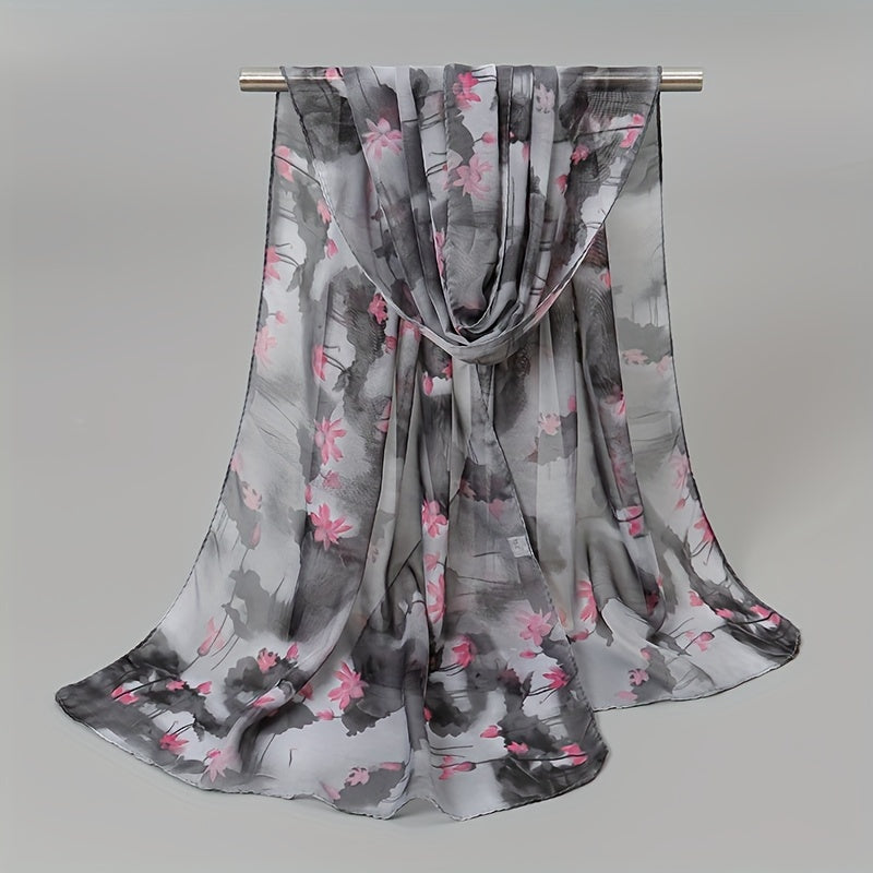 Vintage Magpie Print Long Imitation Silk Chiffon Scarf, Lightweight Shawl Wrap