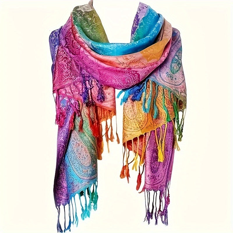 Colorful Willow Leaf Tassel Square Scarf - Women's Autumn & Winter Warm Ethnic Print Shawl