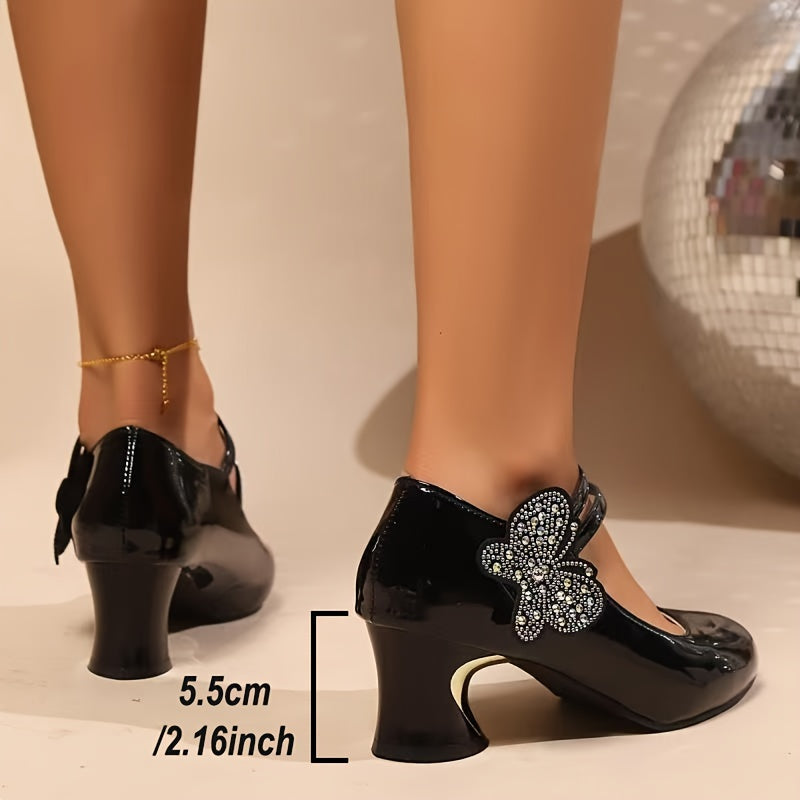 Women's Red Mary Jane Heels with Sparkling Bow & Rhinestone Accent — Chunky Block Heel, Round Toe, Synthetic Upper & Rubber Sole