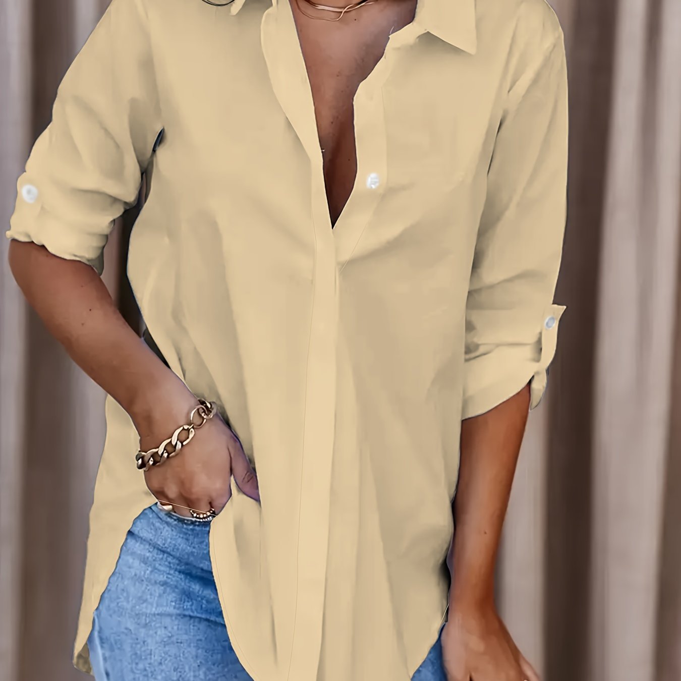 Women's Solid Button-Front Shirt - Casual Turn-Down Collar Office Blouse