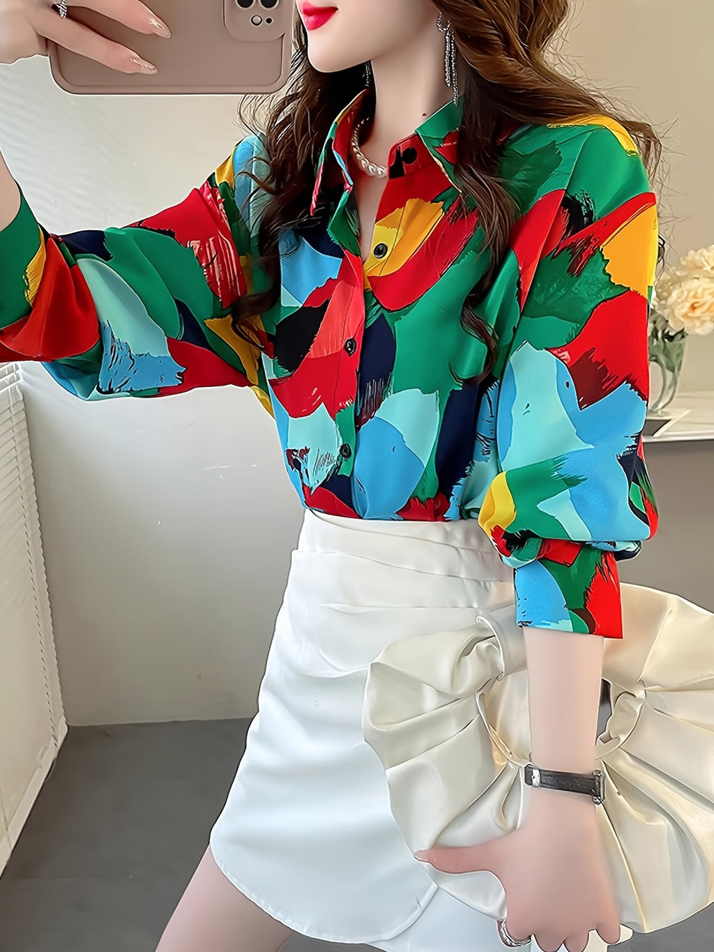 Women's Geometric Print Button-Up Blouse - Long Sleeve Lapel Collar Color Block Top for Casual & Formal Wear