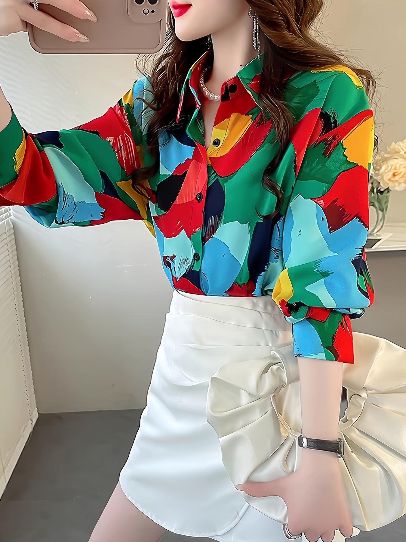 Women's Geometric Print Button-Up Blouse - Long Sleeve Lapel Collar Color Block Top for Casual & Formal Wear