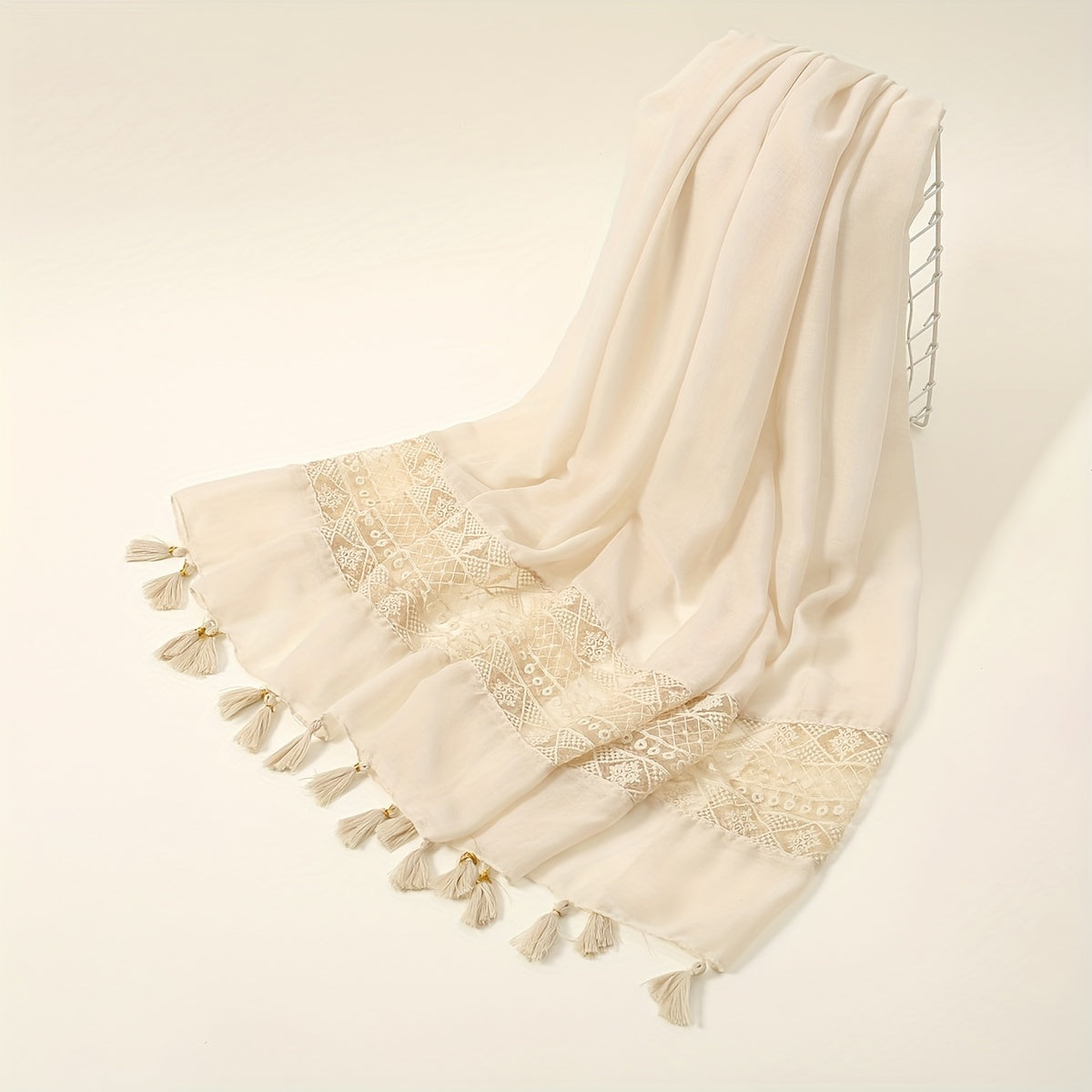 Embroidered Hollow Lace Tassel Scarf for Women — Elegant Lightweight Windproof Wrap for Cold Weather & Eid