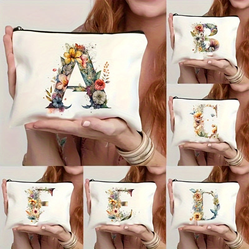 Alphabet Floral Canvas Pouch A-Z - Floral Canvas Cosmetic Bag & Clutch, Toiletry and Pen Case | Gift for Mom, Daughter, Teacher