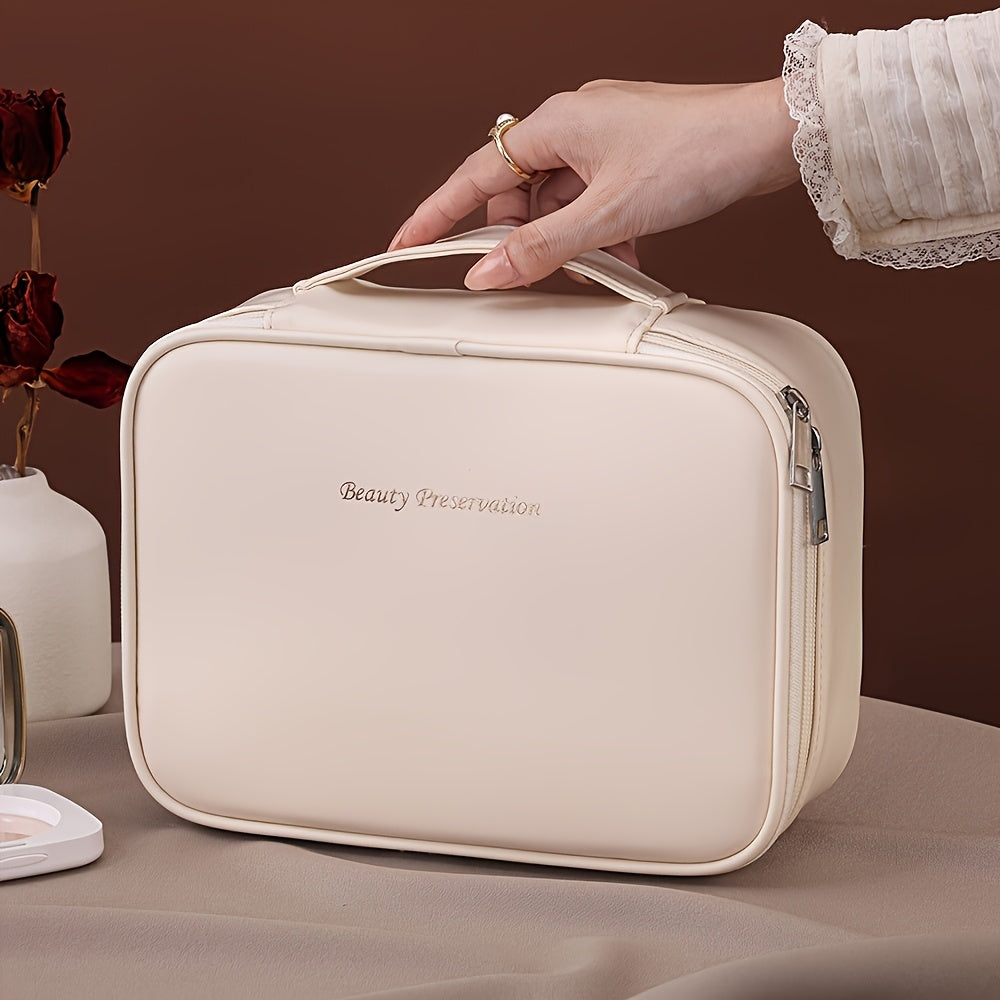 2-Piece Travel Makeup Bag Set - Large Capacity Multi-Layer Faux Leather Cosmetic Organizer with Detachable Brush Holder (White, Black, Pink, Dark Brown)