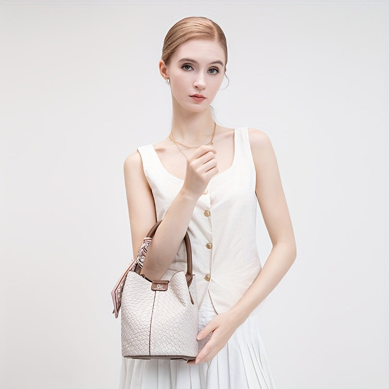 Women's Woven Bucket Bag – Large Capacity Shoulder & Crossbody Handbag with Adjustable Detachable Strap, Polyester-Lined, Multiple Colors