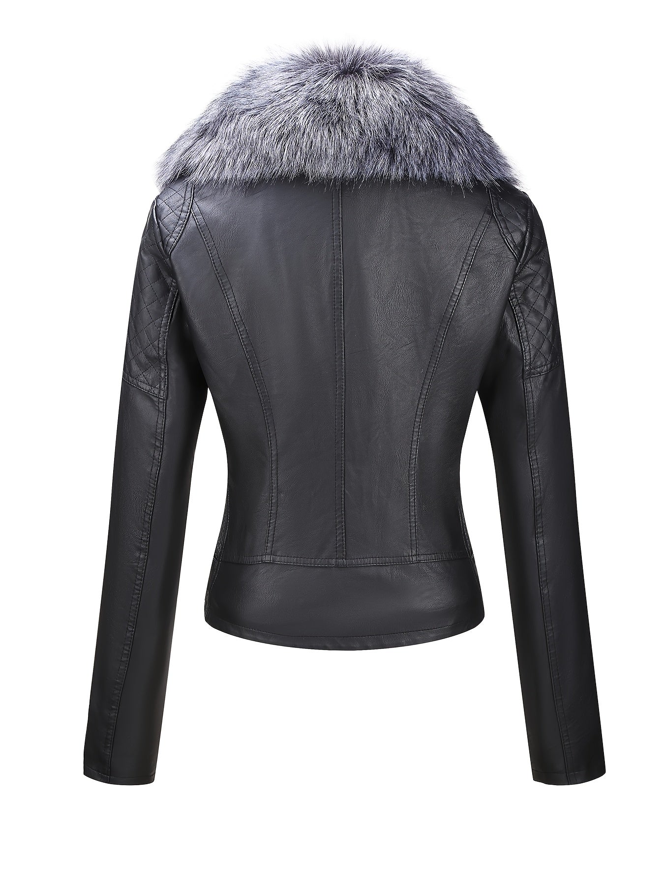 Women's Retro Faux Leather Motorcycle Jacket with Detachable Large Fur Collar - Fall/Winter