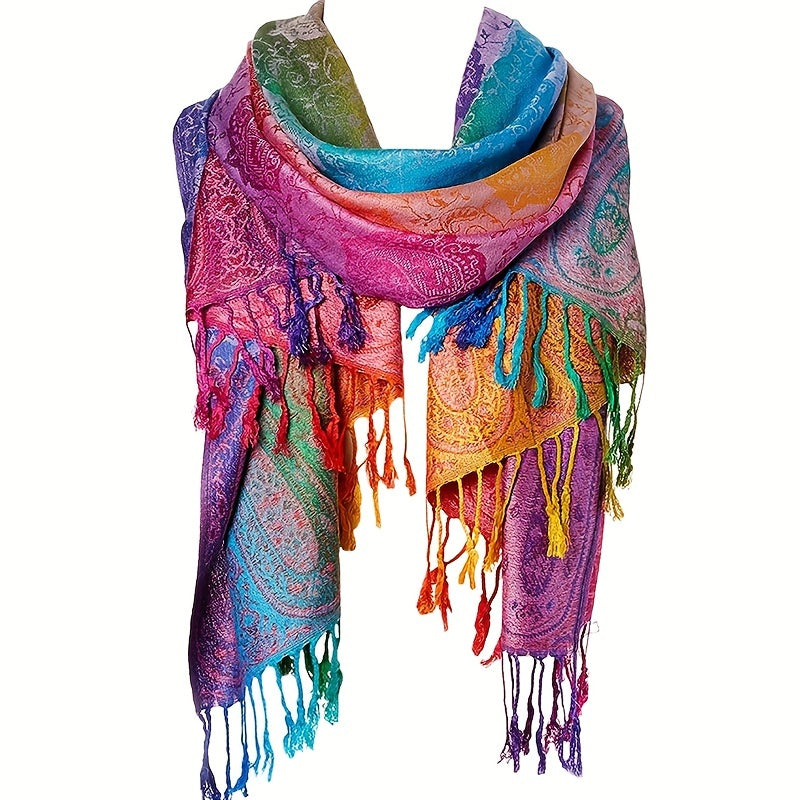 Women's Bohemian Jacquard Tassel Shawl – Rainbow Gradient Pashmina-Style Scarf, Paisley Fringed Wrap 79 x 28 in (200 x 71 cm)