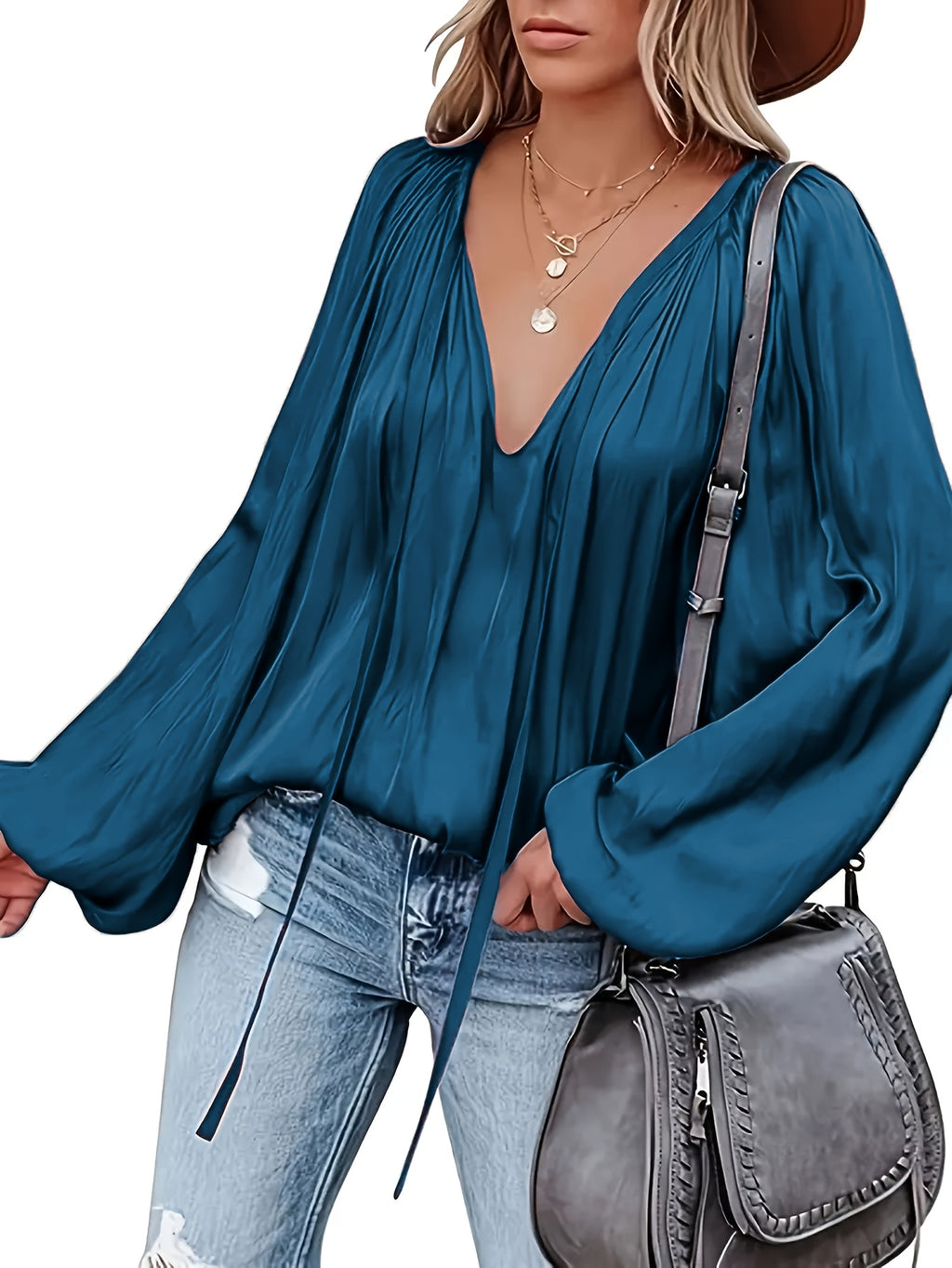 Green French Satin Tie-Front Blouse V-Neck Long Sleeve Ruched Top for Women