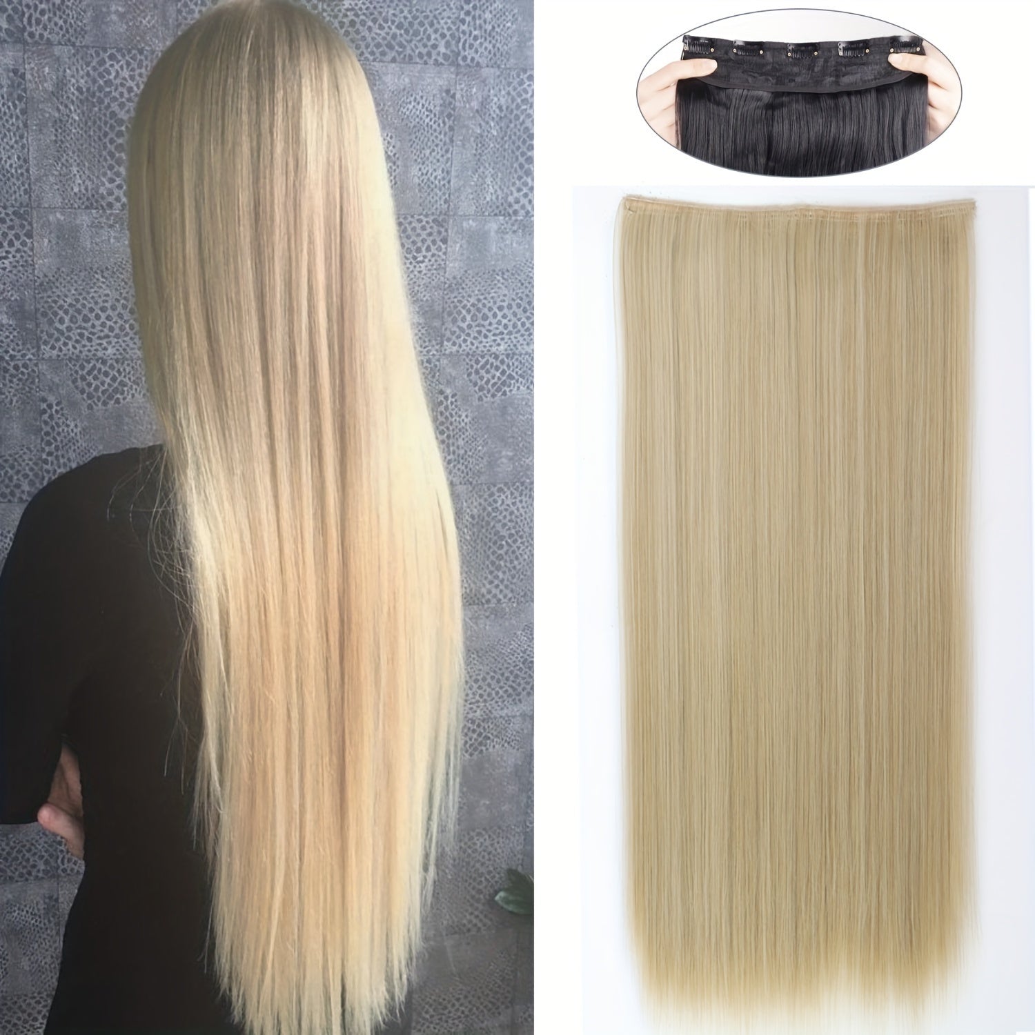 Long Straight Clip-In Hair Extension for Women – One-Piece Synthetic Ponytail Hairpiece, Seamless Natural-Looking Claw Clip