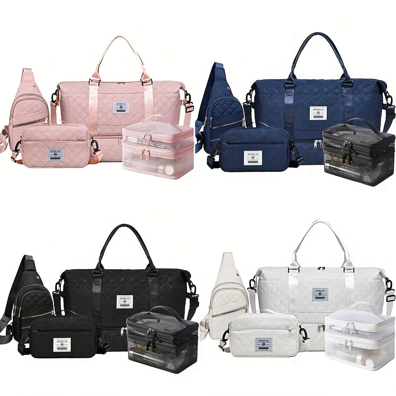 4-in-1 Travel Tote Bag Set – Large Capacity Travel & Gym Tote with Chest Bag, Makeup Pouch & Waist Pack – White, Black, Pink