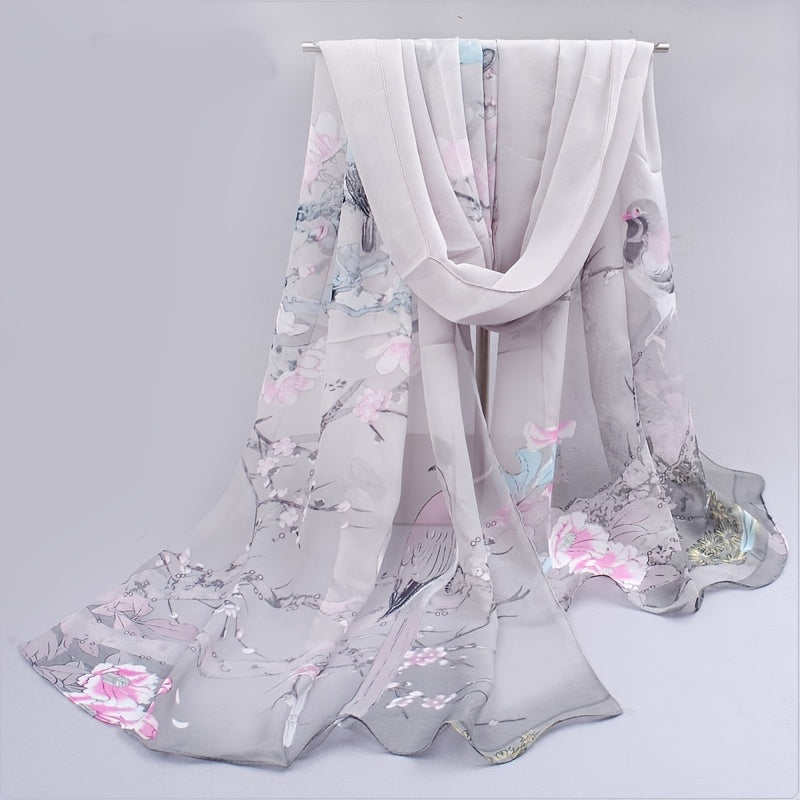 Vintage Magpie Print Long Imitation Silk Chiffon Scarf, Lightweight Shawl Wrap