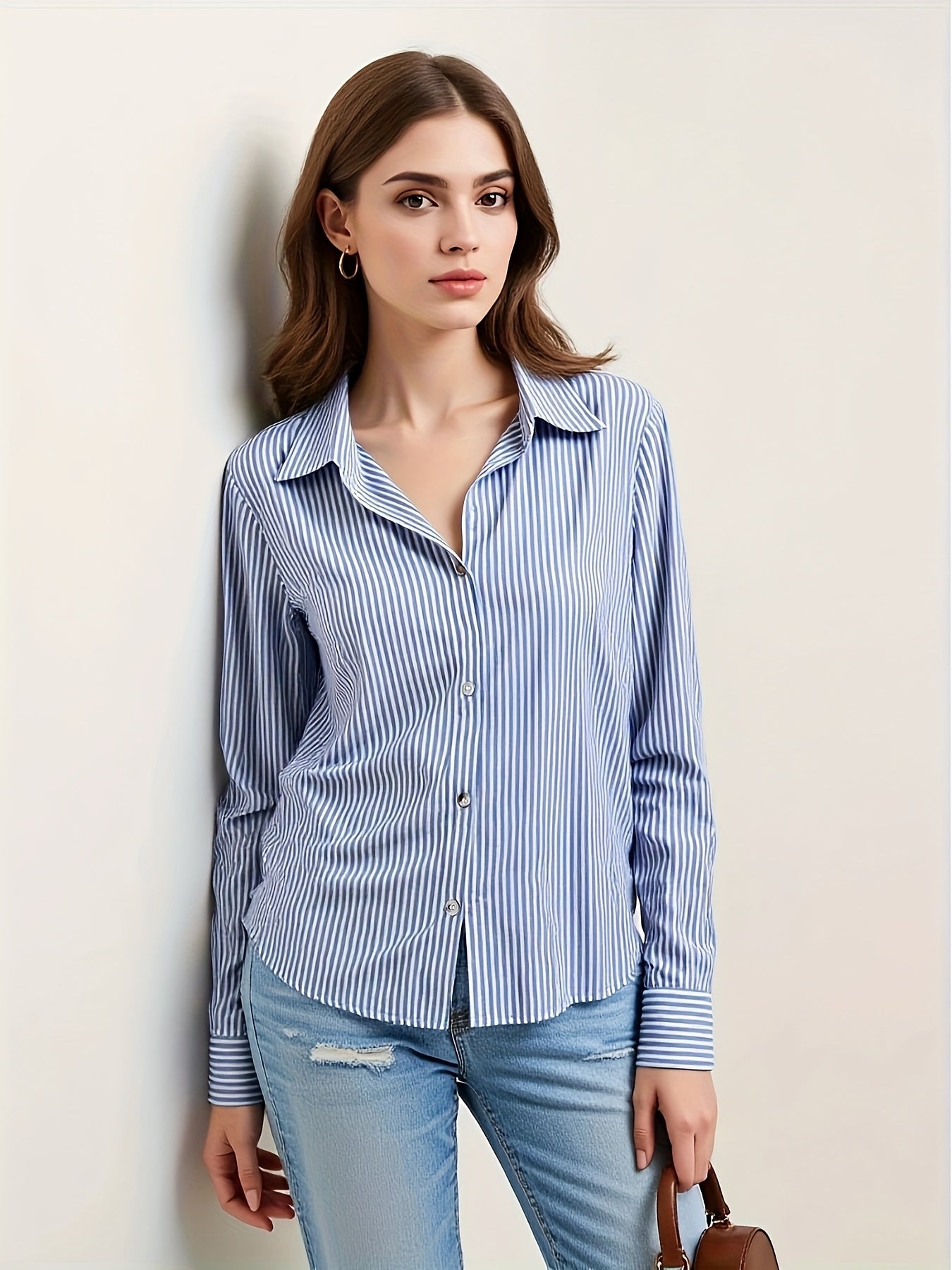 Elegant Blue Striped Lapel Shirt for Women – Versatile Button-Down, 100% Polyester