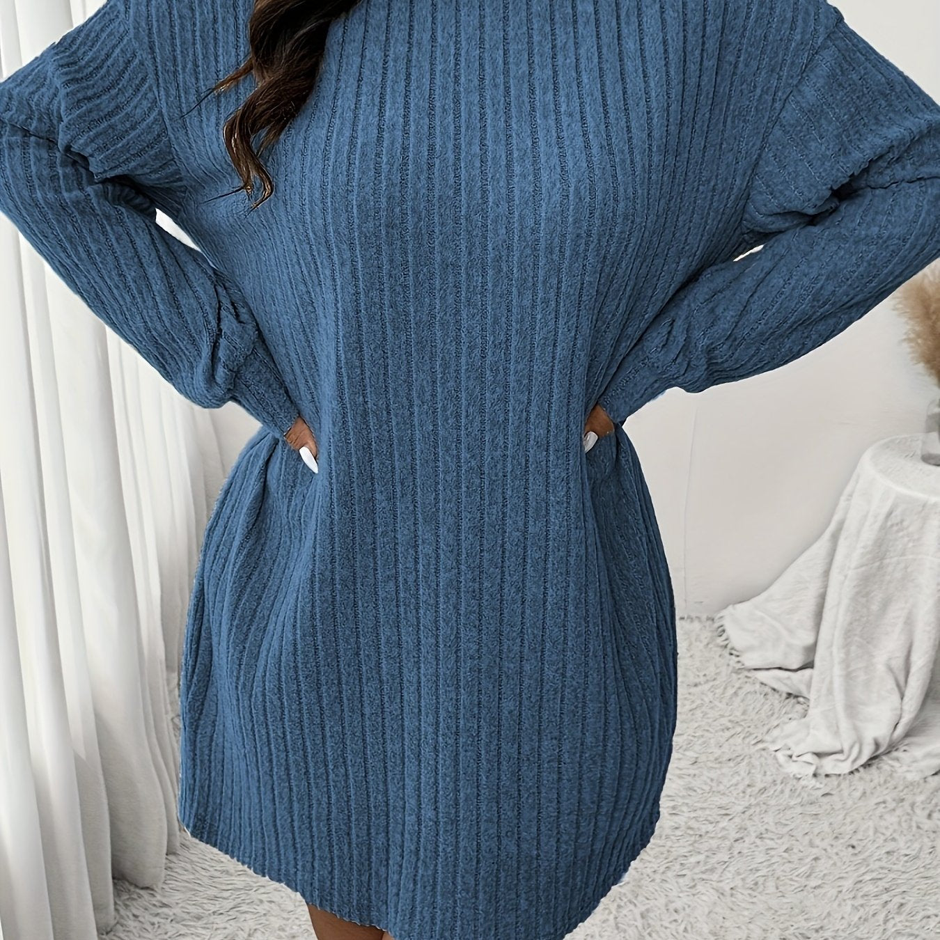Plus Size High Neck Ribbed Knit Dress Long Sleeve Knee-Length Casual Winter Dress