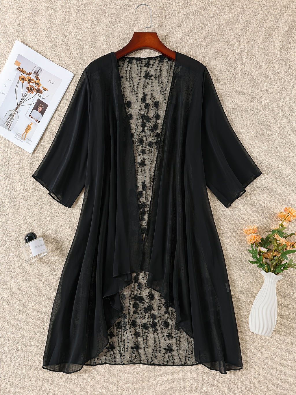 Plus Size Floral Embroidered Kimono Cardigan - Lace Trim Midi Cape, Long Sleeve Semi-Sheer