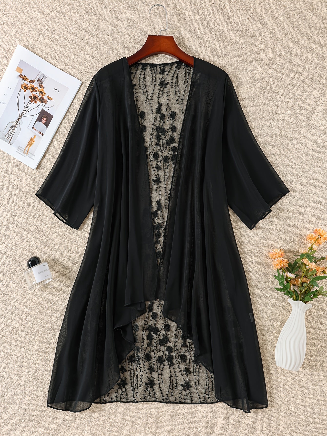 Plus Size Floral Embroidered Kimono Cardigan - Lace Trim Midi Cape, Long Sleeve Semi-Sheer